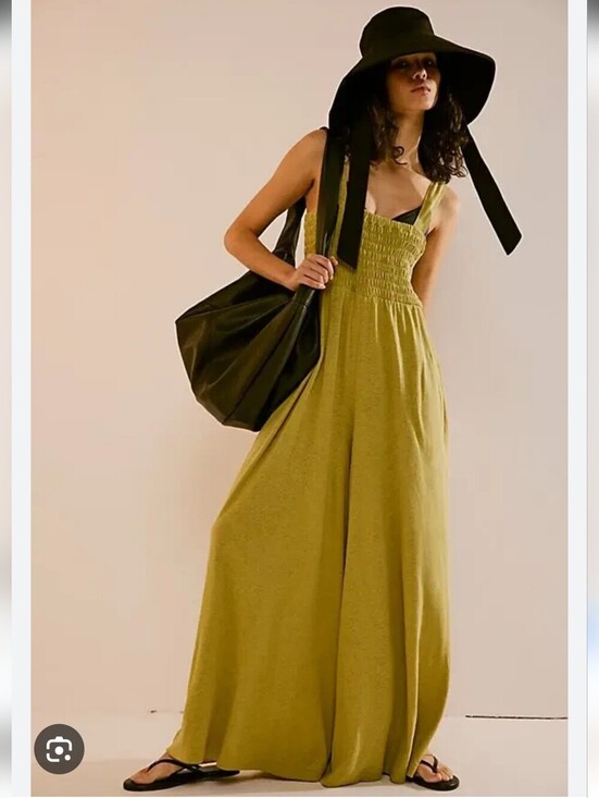 Free People Pants - Free People Smocked Wide Leg Homecoming Jumpsuit Jumper Lime Romper